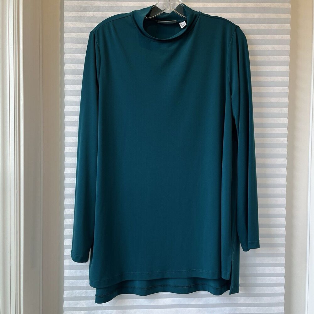 Susan Graver Modern Essentials Green Blouse band collar, size US L, long sleeve.